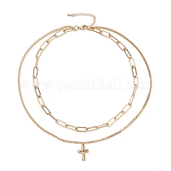 Vakuumplattiert 304 mehrlagige Doppelketten-Halskette aus Edelstahl mit Kreuzanhänger für Damen, golden, 16.34 Zoll (41.5 cm)