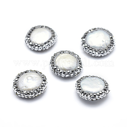 Natur kultivierten Süßwasser Perlen, mit Fimo Strass, Flachrund, weiß, 15~17x5~7 mm, Bohrung: 0.8 mm