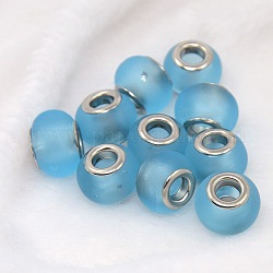 Handmade Lampwork European Beads, with Platinum Brass Double Cores, Rondelle, Sky Blue, 13~14x10mm, Hole: 4.2mm
