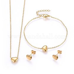 304 Stainless Steel Jewelry Sets, Pendant Necklaces & Stud Earrings & Bracelets, Heart, Golden, 16.93 inch(43cm), 6-3/4 inch(17cm), 7x9x2.5mm, Pin: 0.8mm