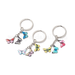 3pcs porte-clés pendentif en émail en alliage de papillon coloré, avec les accessoires en fer, couleur mixte, 7 cm