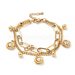 Bracelet multirangs noeud et boule ronde strass cristal, placage sous vide 304 bracelet double chaîne en acier inoxydable pour femme, or, 7-1/2 pouce (19 cm)