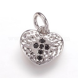 Hammered Brass Micro Pave Cubic Zirconia Pendants, Crosslet Heart Pendants, Heart with Cross Charms, Black, Platinum, 9x10x1.5mm, Hole: 3mm