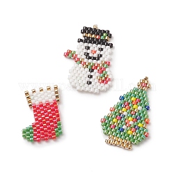 3 piezas 3 estilo hecho a mano miyuki japonés semilla telar patrón semilla cuentas, Colgantes de árbol de Navidad, calcetín y muñeco de nieve., color mezclado, 21~29x16~20x1.8mm, agujero: 0.7 mm, 1pc / estilo