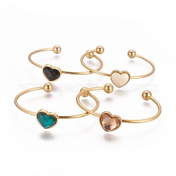 304 Stainless Steel Cuff Bangles, with Acrylic Rhinestone, Heart, Faceted, Golden, Mixed Color, 2-1/4 inch(5.7cm), 2~8mm