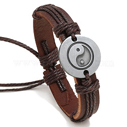 Adjustable Cowhide Cord Bracelets for Men, Antique Silver Tone Yin Yang Alloy Links Bracelets, Coconut Brown, 6-3/4~7-1/8 inch(17~18cm)