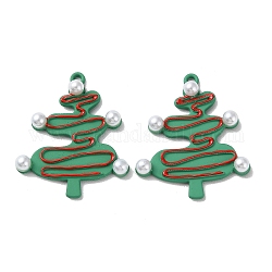 Ciondoli in lega verniciatura a spruzzo, con perle di plastica imitazione perla in abs, albero di Natale, acquamarina media, 30x25x2~4.5mm, Foro: 1.4 mm