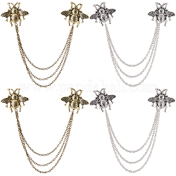 Gorgecraft 4Pcs 2 Colors Double Bee Hanging Chain Brooches, Alloy Tassel Lapel Pins for Suit Shirt Collar, Antique Silver & Antique Golden, 170mm, 2Pcs/color