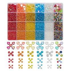 24 Style Round Glass Seed Beads, with Heart Acrylic Beads, Mixed Color, 2~4mm, Hole: 1~1.5mm, 9156pcs/box