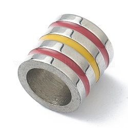 304 perline in acciaio inossidabile, con smalto, colonna con motivo a righe, colore acciaio inossidabile, rosso, 9x7.5mm, Foro: 4.5 mm