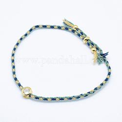Nylon Cord Bracelets, with Brass Cubic Zirconia Findings, Flat Round, Real 18K Gold Plated, 9-7/8 inch~10-1/4 inch(250~260mm)