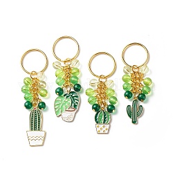 4pcs Kaktus/Blatt Blumenerde Legierung Emaille Anhänger Schlüsselanhänger, mit Acryl-Perlen, für Autotasche Anhänger Dekoration Schlüsselanhänger, grün, 7.5~9.3 cm