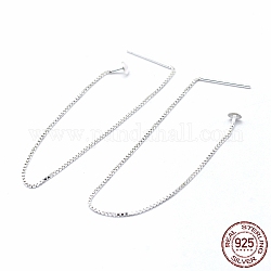 925 Sterling Silver Ear Stud Findings, with 925 Stamp, Ear Thread, with Box Chain, Silver, 98x0.8mm, Pin: 0.8mm