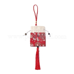 Bustina di broccato, borsa ricamata floreale con coulisse, rettangolo con nappa, rosso, 42cm, borsa: 12.5x8.8x0.2 cm, tallone: ​​0.8~0.9 cm, Nappa: 12.5x1cm