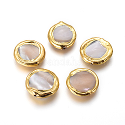 Muschel perlen, mit Messing-Zubehör, Flachrund, golden, 16~18x3~6 mm, Bohrung: 0.7 mm