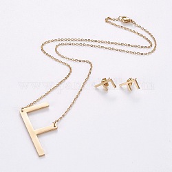 304 Stainless Steel jewelry Sets, Stud Earring and Pendant Necklaces, Alphabet, Golden, Letter.F, 18.7 inch~20.2 inch(47.5~51.3cm), 15x7~12mm, Pin: 0.8mm