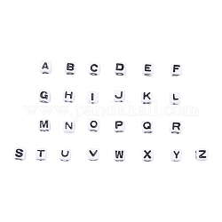 Cuentas blancas acrílicas, agujero horizontal, cubo con letra negra, alfabeto, Letra A ~ Z, 7x7x7mm, 26 letras, sobre 55 unids / carta, 26 letras, aproximamente 1430 PC / sistema