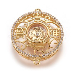 Ottone micro spianare link zirconi, con vetro, piatta e rotonda con carattere cinese, oro, 28x23x7mm, Foro: 1 mm