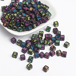 Непрозрачные акриловые бусины, горизонтальное отверстие, куб с письмом, разноцветные, 6x6x6 мм, отверстие : 3.5 мм, Около 3300 шт / 500 г