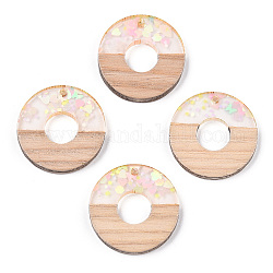Resina trasparente e pendenti in legno bianco, Ciondoli a ciambella/disco con paillettes, chiaro, 28x3.5mm, Foro: 2 mm