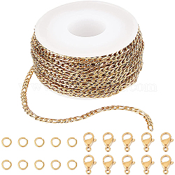 Sunnyclue diy chaîne collier bracelet kits de fabrication, dont 304 chaines figaro inox & anneaux & fermoirs, or, chaîne : 10 m/sac