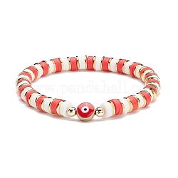 Synthetic Hematite & Polymer Clay Heishi Beads Stretch Bracelet, Evil Eye Beads Bracelet, Power Lucky Bracelet for Women, Red, Inner Diameter: 2-1/4 inch(5.6cm)