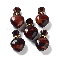 Pendentifs de bouteille de parfum oeil de tigre naturel, Diffuseur d'huiles essentielles en forme de cœur, breloques de bouteille à facettes avec accessoires en acier inoxydable doré, pour la fabrication de bijoux, 33~33.5x21x13mm, Trou: 1.8mm