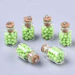 Verre souhaitant bouteille décorations pendentif, avec mousse de polystyrène à l'intérieur, Bouchon en liège et vis de fer, vert pale, 22x15mm, Trou: 2mm