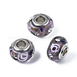 Perles européennes vernissées manuelles, avec feuille d'or et strass, perles de rondelle avec grand trou , en laiton de tonalité de platine noyaux doubles, rondelle, support violet, 14.5x9mm, Trou: 4.5mm