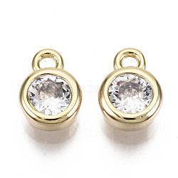 Brass Micro Cubic Zirconia Charms, Nickel Free, Real 18K Gold Plated, Flat Round, Clear, 7.5x5.5x3mm, Hole: 1.2mm