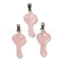 Pendentifs de quartz rose naturel, avec le fer de platine plaqué bélières snap on, porte-clés en forme de coeur, 38~39x18~19x7~8mm, Trou: 7.5x3mm
