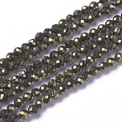 Chapelets de perles de pyrite naturelle , facette, ronde, 3~3.5x2.5~3mm, Trou: 0.3mm, Environ 114~141 pcs/chapelet, 15.1~16.4 pouce (38.4~41.8 cm)