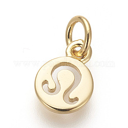 Brass Charms, Lead Free & Cadmium Free, Flat Round with Constellations, Golden, Leo, 9.5x7x1mm, Hole: 3mm