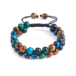 Bracelet en perles rondes tressées en oeil de tigre naturel, bracelet réglable en pierres précieuses double ligne pour femme, diamètre intérieur: 2-1/8~3-1/8 pouce (5.3~7.8 cm)