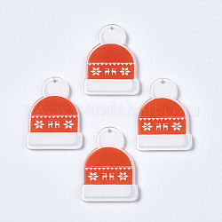 Pendenti acrilici stampati trasparenti a tema natalizio, cappello di natale, arancio rosso, 34.5x25.5x2.5mm, Foro: 1.5 mm