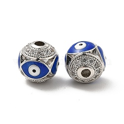 Perles de zircone cubique micro pave en Laiton, rond avec mauvais œil en émail, platine, bleu royal, 10x9.5mm, Trou: 1.6mm