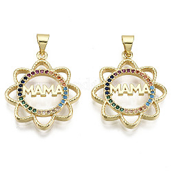 Hollow Brass Micro Pave Colorful Cubic Zirconia Pendants, for Mother's Day, Nickel Free, Flower with Word Mama, Real 16K Gold Plated, 24.5x21.5x3.5mm, Hole: 5x3.5mm