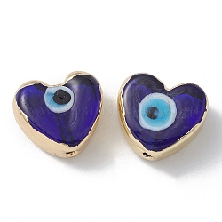 Perles en laiton, avec l'émail, véritable 18k plaqué or, coeur avec le mauvais œil, bleu, 14.5x16x7mm, Trou: 1.6mm