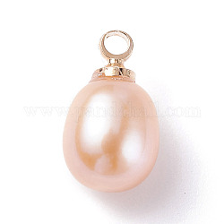 Natural Pearl Charms, with Light Gold Tone Brass Loops, Rice, Seashell Color, 11~12.5x5~7mm, Hole: 1.5mm