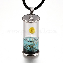 Glas Flasche wünschend Anhänger Lederband Halsketten, mit getrockneten Blumen & natürlichen Edelstein-Chipperlen im Inneren, Platin Farbe, Gelb, 17-3/8 Zoll (44.05 cm)