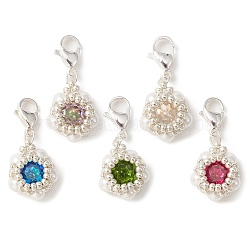 K9 verre strass & coquille perle pendentif décoration, avec fermoirs mousquetons en 304 acier inoxydable, fleur, couleur mixte, 28.5~29.5mm