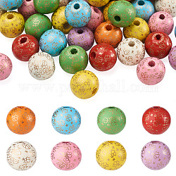 Fashewelry 80pcs 8 Farben bedruckte Naturholzperlen, rund mit Engelsmuster, Mischfarbe, 15~16 mm, Loch: 3.6,4.2 mm, 10 Stk. je Farbe