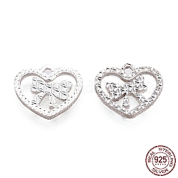 925 Sterling Silver Pendants, Heart with Bowknot Charms, for Valentine's Day, Silver, 10x12x1.4mm, Hole: 1.2mm