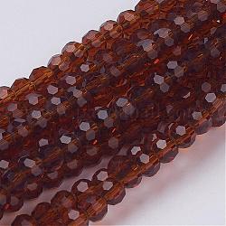 Faceted(32 Facets) Glass Round Beads Strands, Brown, about 4mm in diameter, hole: 1mm, about 100pcs/strand, 13 inch