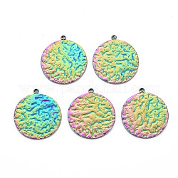 201 Stainless Steel Pendants, Textured, Flat Round, Rainbow Color, 22.5x20x1.5mm, Hole: 1.2~1.4mm
