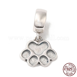 Rhodium Plated 925 Sterling Silver European Dangle Charms, Paw Print Large Hole Pendant, Platinum, 19mm, Paw Print: 9.5x11x1.5mm, Hole: 5mm
