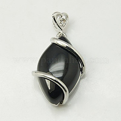 Natural Black Agate Pendants, with Brass Rhinestone Findings,  Horse Eye, 36x17.5x7~9mm, Hole: 2.5x4mm