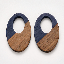 Pendentifs en bois de résine et de noyer, ciré, ovale, bleu de Prusse, 35.5x21.5x3~4mm, Trou: 16x10mm