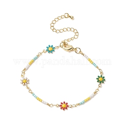 Bracciale a catena a maglie di fiori in ottone con semi di perline per donna, colorato, 6-3/4 pollice (17 cm)