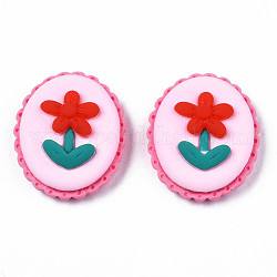 Opaque Resin Cabochons, Oval with Flower, Pale Violet Red, 26x22x9mm